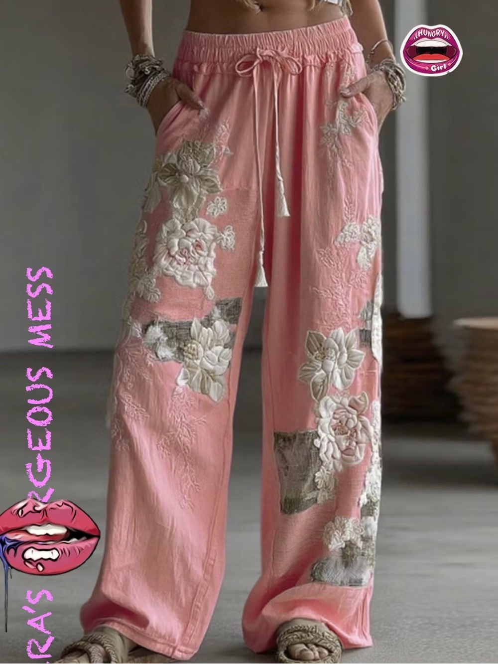 💋🍸BNWT🍸💋 Pink Embroidered Floral Wide-Leg Palazzo Pants